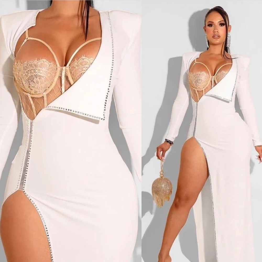 Long white high split evening dress with cream lace corset . Worn once